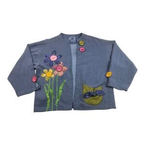 Authentic Sweatshirt Size L Blue Gray Floral Applique Pigment Dyed Artistic